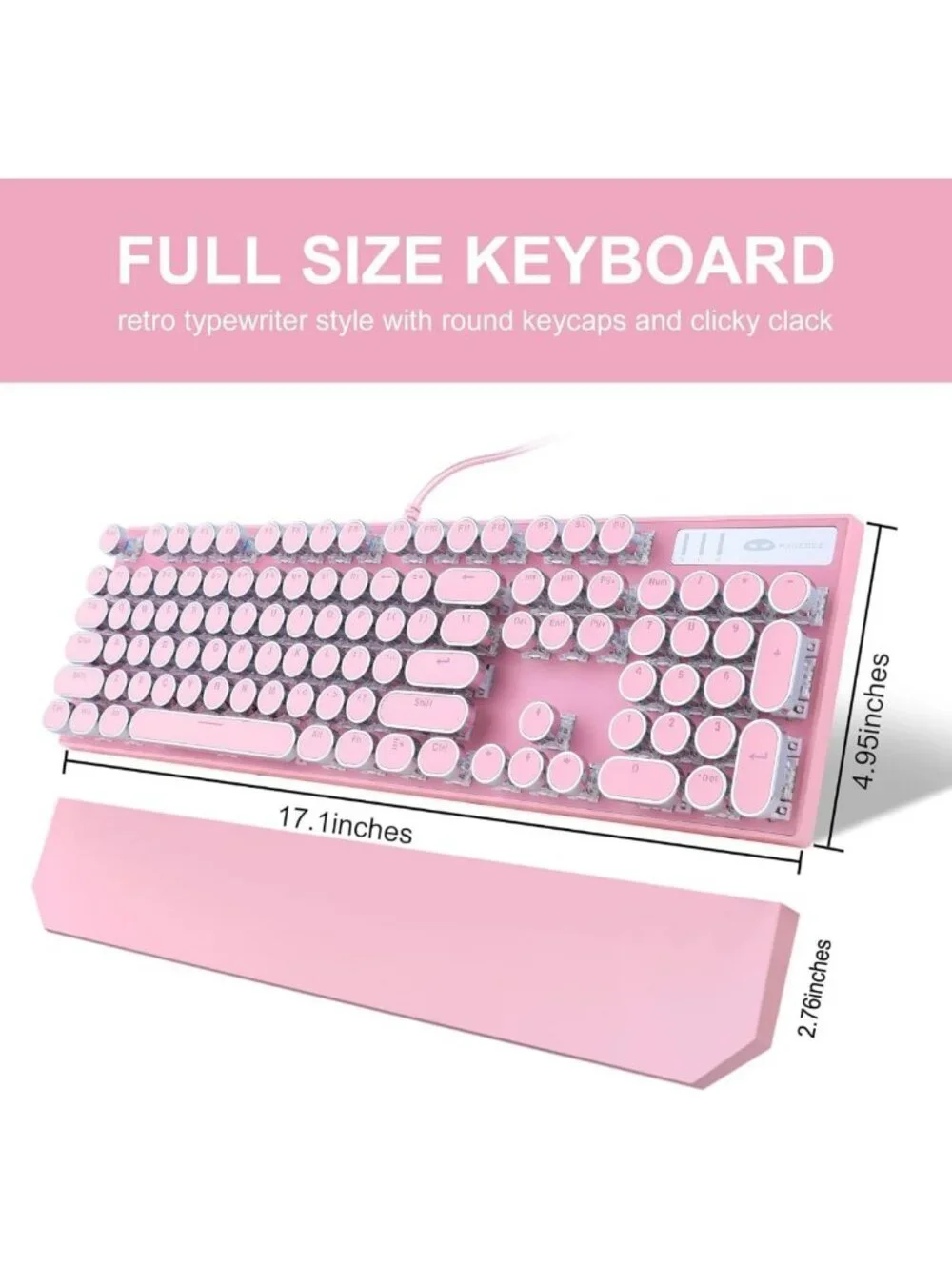Retro Pink Typewriter Mechanical Gaming Keyboard, 104 Keys, White Backlit, Cute